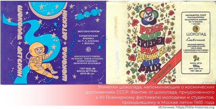Этикетки шоколада, напоминающие о космических достижениях СССР. Фантик от шоколада, приуроченного к XII Всемирному фестивалю молодежи и студентов, проходившему в Москве летом 1985 года